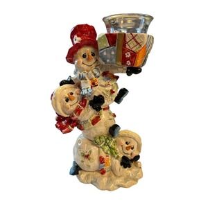 Home Interiors 3 Stacked Snowmen Votive Candle Holder Glass Ceramic